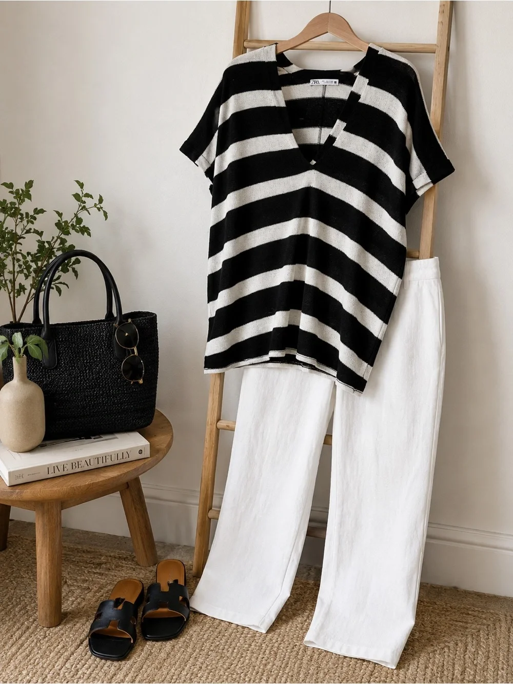Zara Black White Striped Oversized V Neck Knit Top Size L Relaxed Dolman